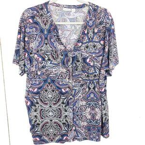Croft Barrow Shirt Womens 1X Colorful Paisley Popover V Neck Artsy All OVer Prin